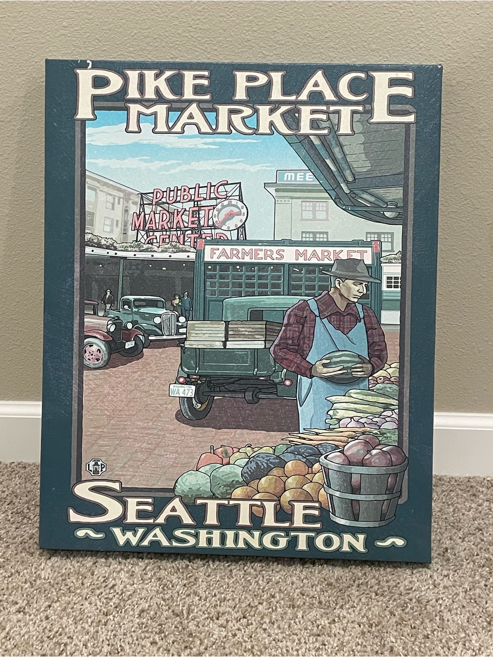 Pike Place Market Seattle Washington Vintage-Style Canvas Wall Art - Teal/Blue